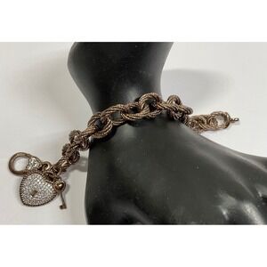 Judith Ripka Sterling Silver Heart Lock and Key Pave Charm Bracelet Size Average